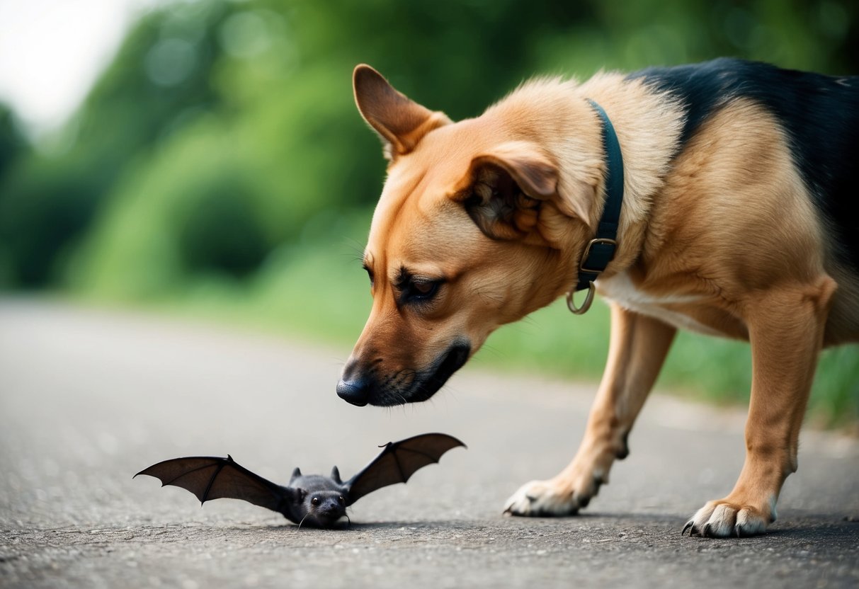 A dog sniffs a bat on the ground, then recoils and shakes its head