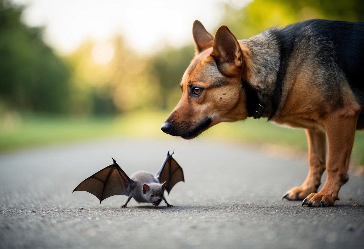 A dog sniffs a bat on the ground, while the bat appears startled and ready to fly away