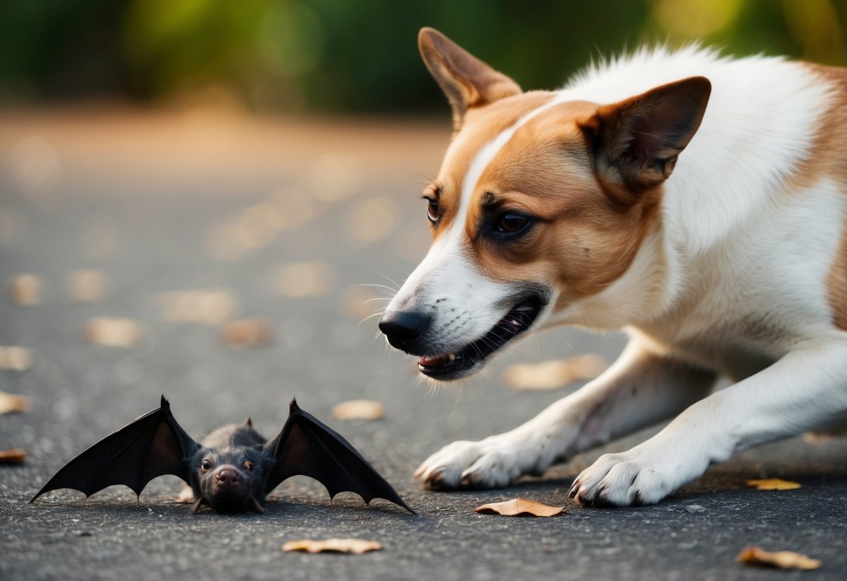 A dog sniffs a bat on the ground, then recoils and starts scratching at its nose in distress