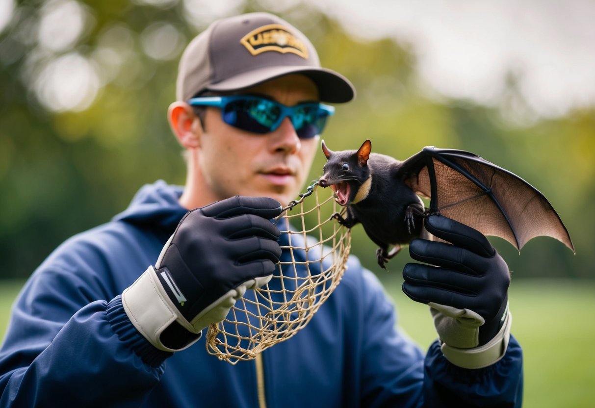 A person wearing gloves holds a bat with a net, keeping a safe distance from its mouth and wings