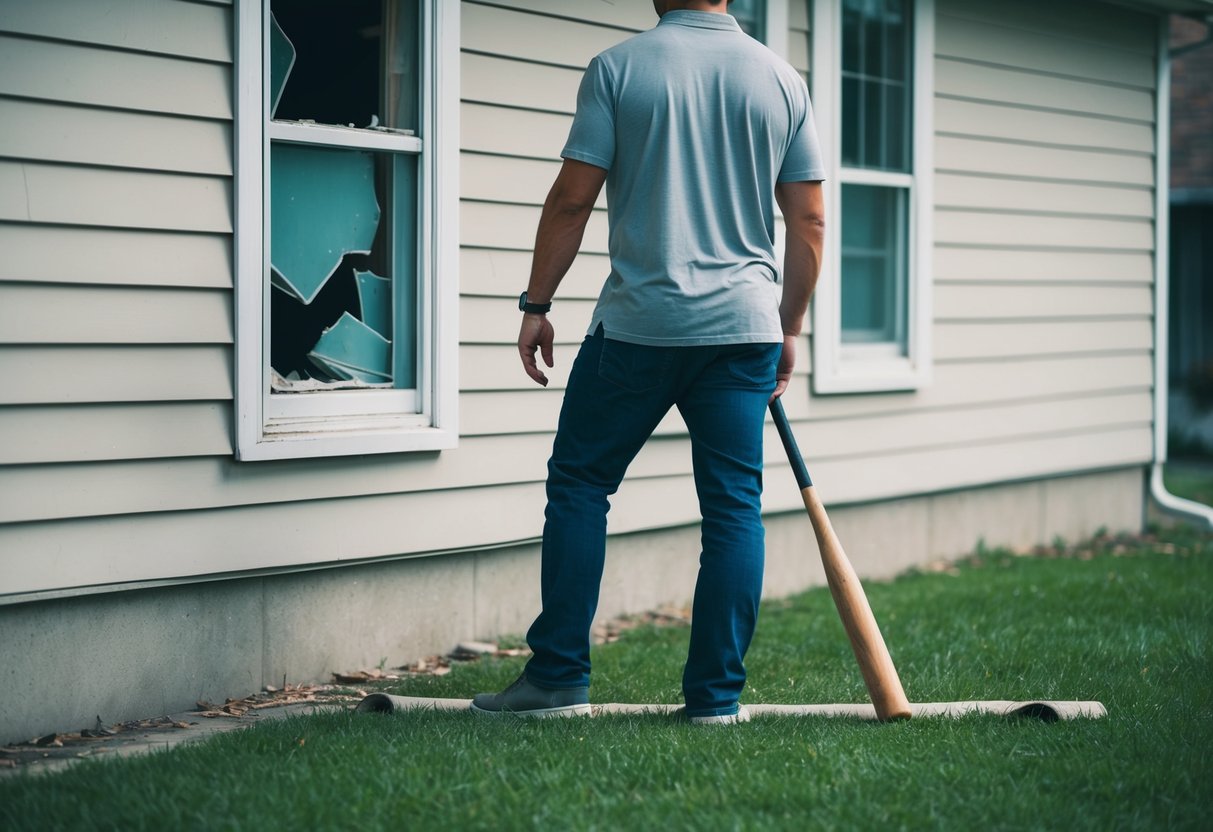 A person standing outside a house, looking at a broken window with a baseball bat on the ground