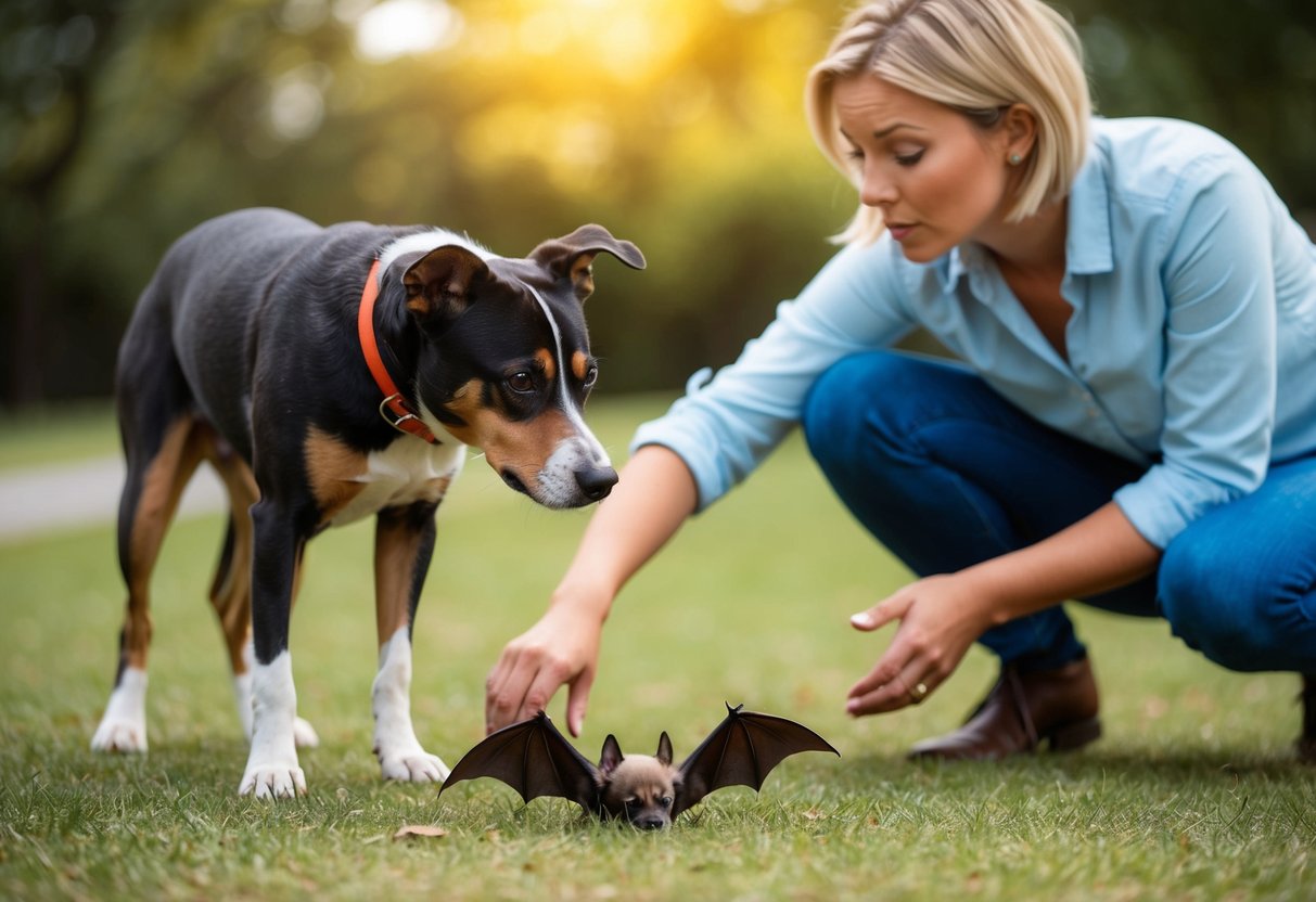 A dog sniffs a bat on the ground, while the owner looks concerned and reaches for the pet
