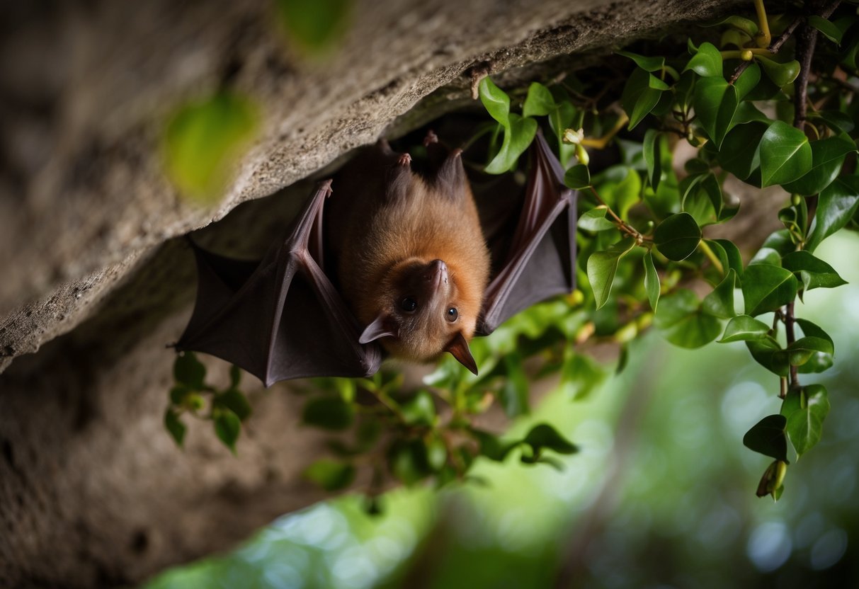 A bat roosts in a sheltered, dimly lit cave, surrounded by foliage and hanging from the ceiling