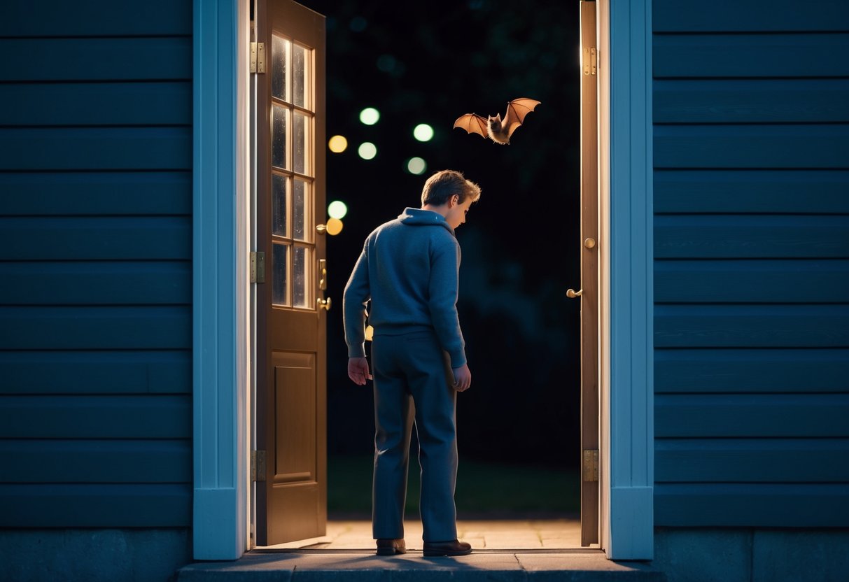 A figure stands outside a dimly lit doorway, hesitating as they spot a bat fluttering inside