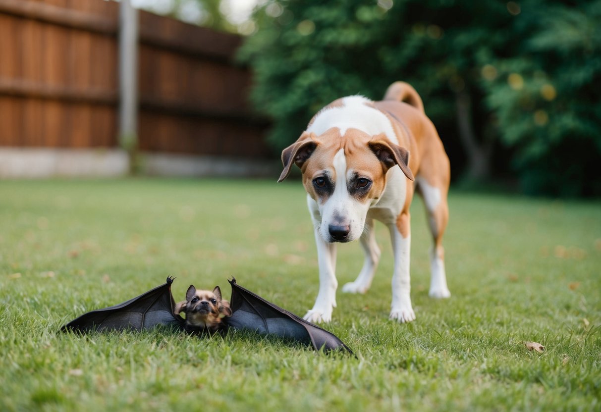 A dog stands over a dead bat in the backyard, looking curious and slightly concerned