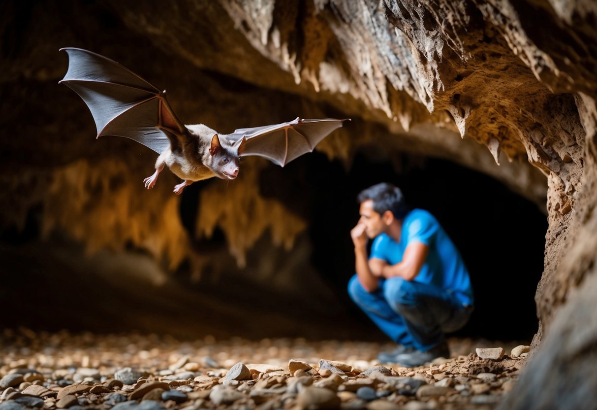 A bat flying near a cave entrance, with a person hesitating to enter