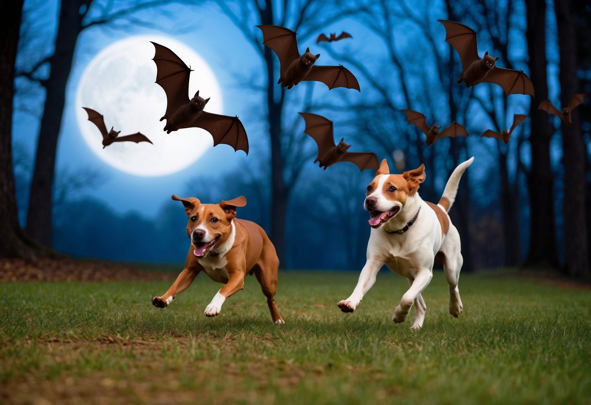 Bats in flight chasing a dog through a moonlit forest