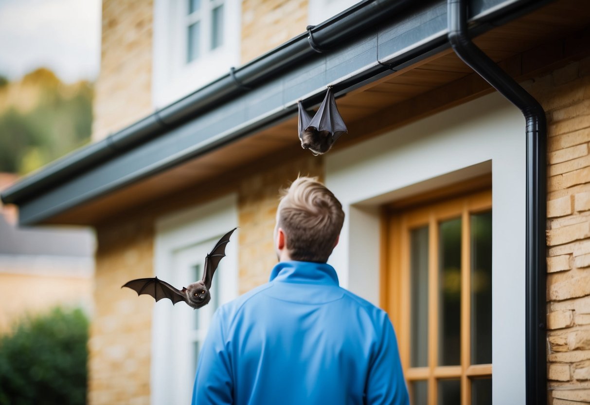 A person stands outside a building, looking at a bat hanging from the eaves