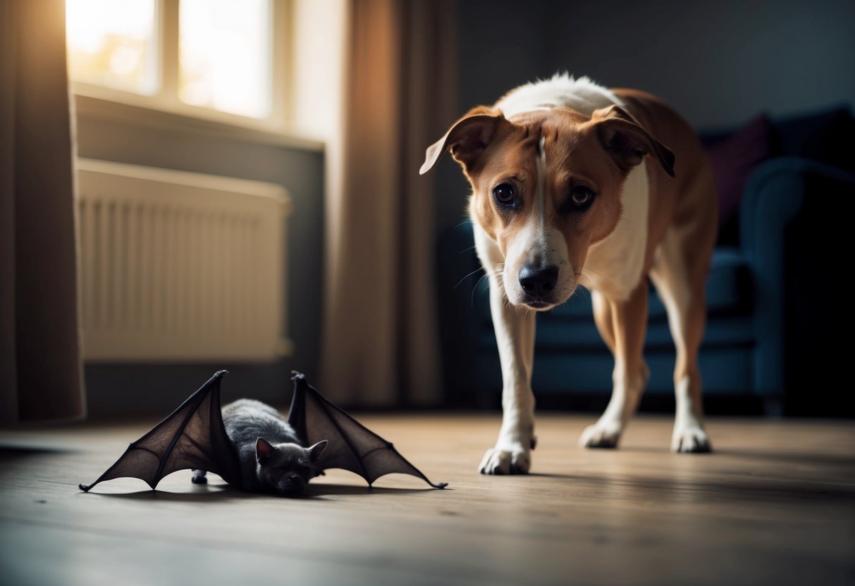 A dog stands over a dead bat in a dimly lit room, with a worried expression on its face