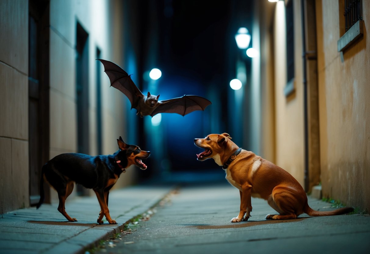 A bat swoops down towards a barking dog in a dimly lit alley
