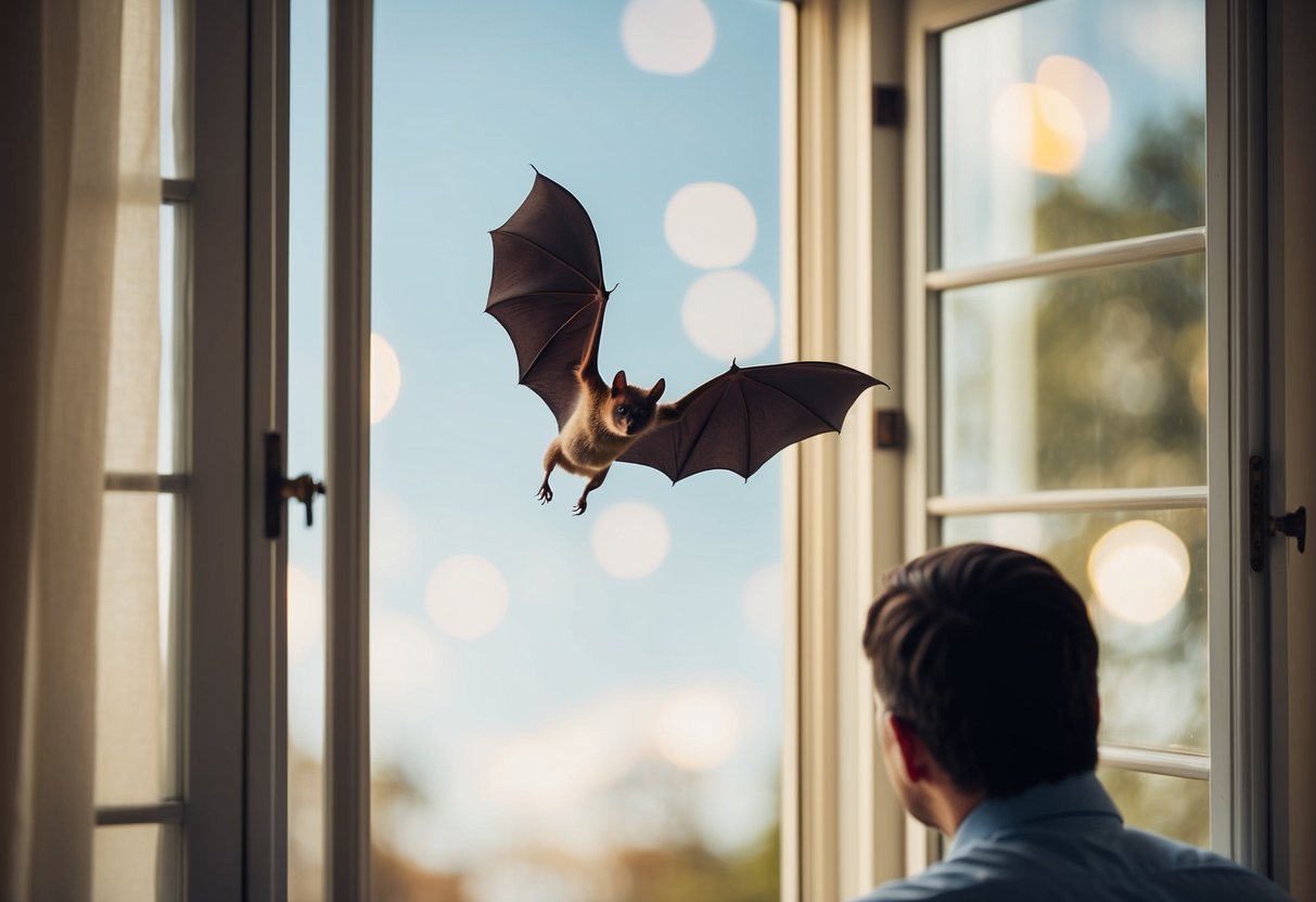 A bat flying near an open window, with a person hesitating to enter the room