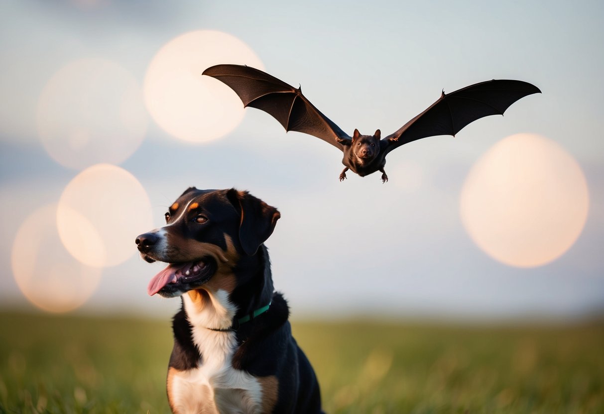 A bat flies peacefully alongside a dog, both creatures showing no signs of aggression
