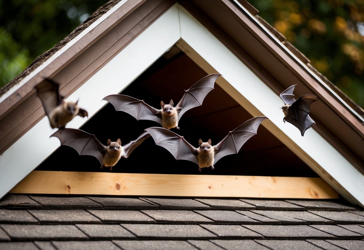 Bats flying in and out of an attic through a small opening in the roof, with the sound of fluttering wings and high-pitched squeaking