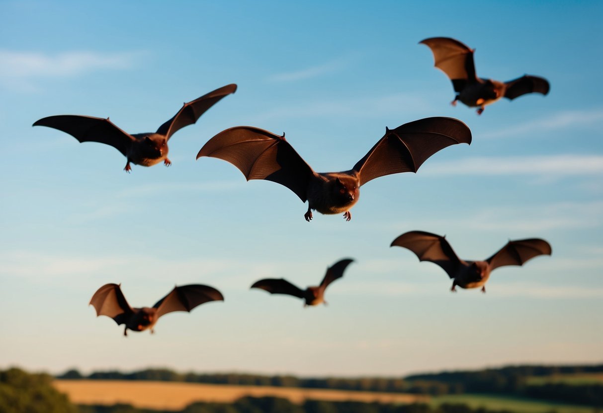Bats flying in daylight over a UK countryside