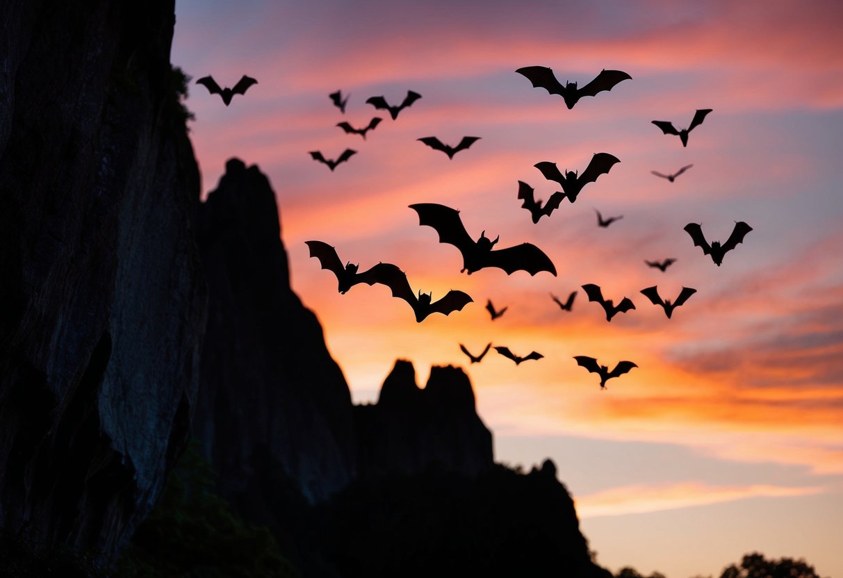 Bats fly out of a dark cave at dusk, silhouetted against the orange and pink sky
