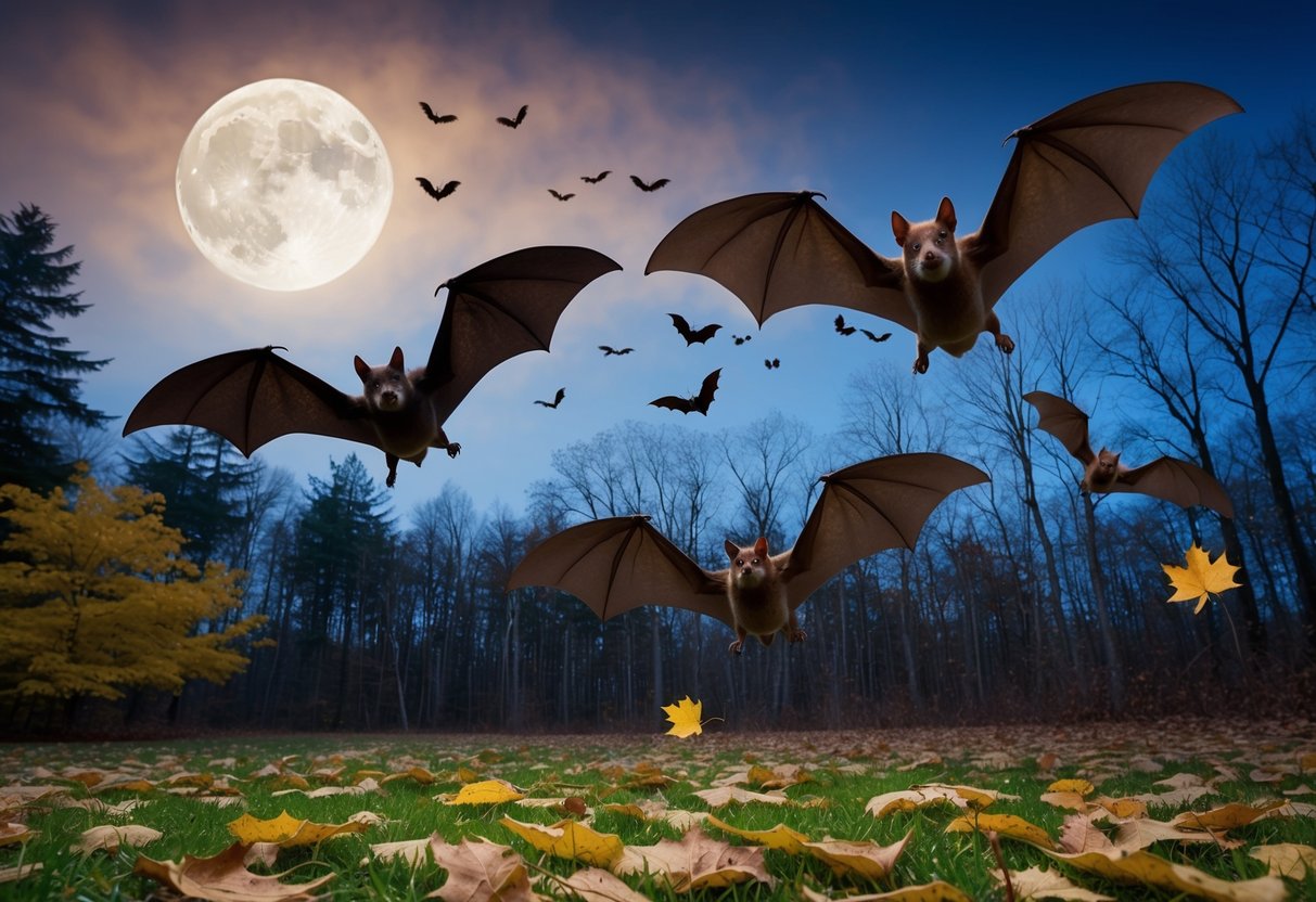 Bats flying at dusk over a forest, with autumn leaves on the ground and a full moon in the sky