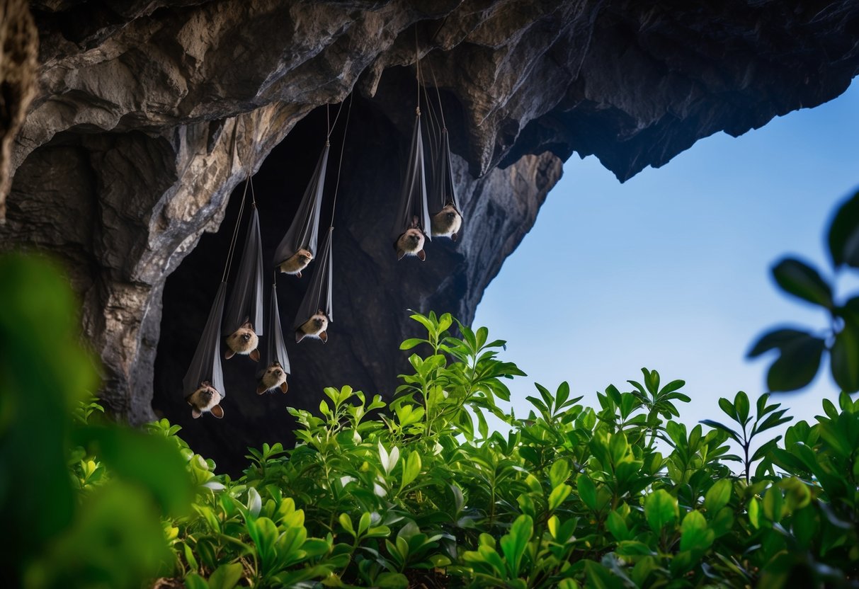 A group of bats roosting in a dark, secluded cave, surrounded by lush green foliage and a clear blue sky