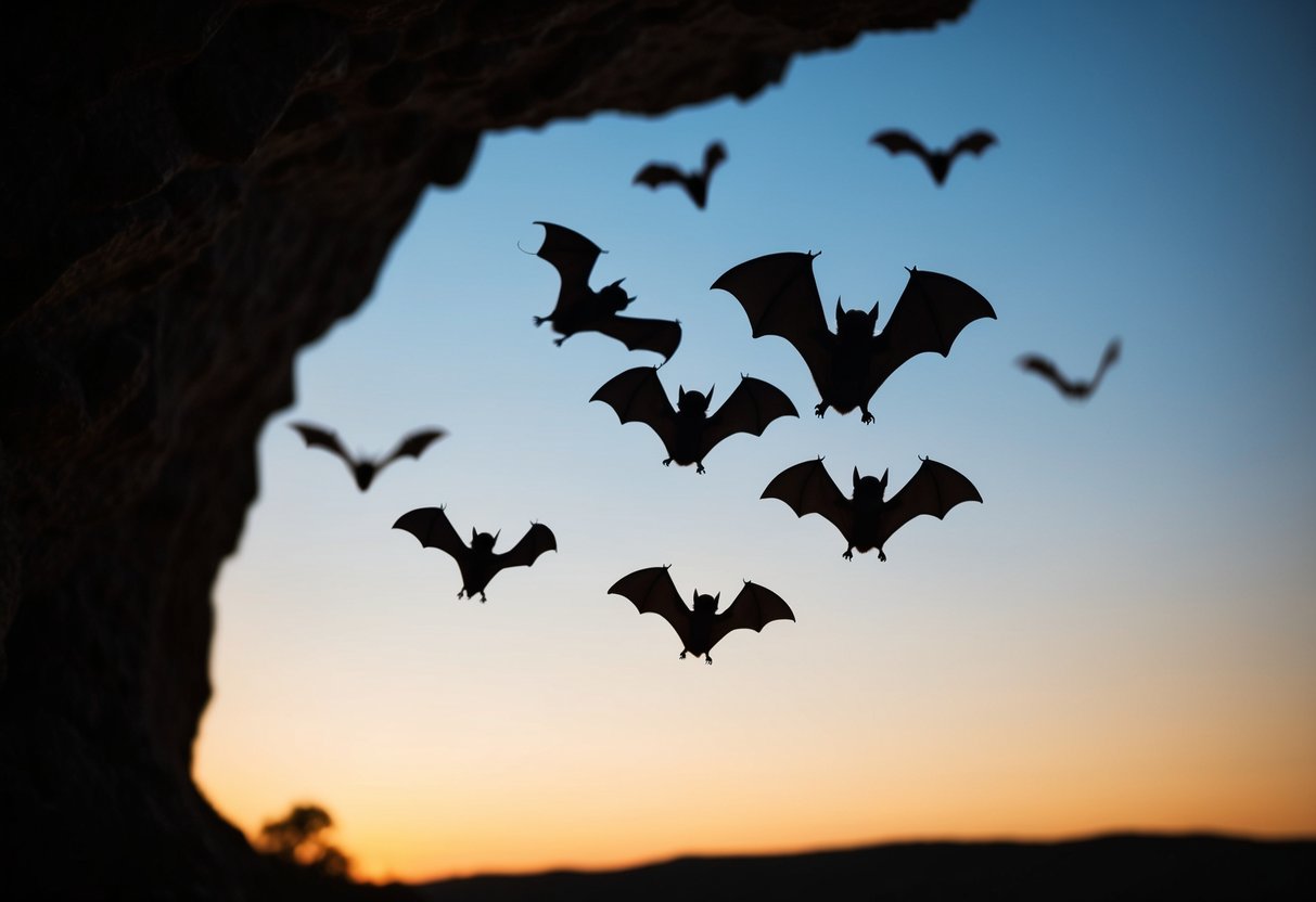 A group of bats flying out of a cave at dusk, silhouetted against the evening sky