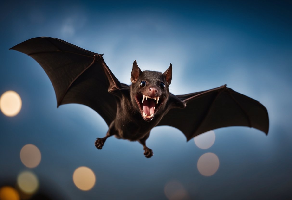 A bat flying at night, baring its teeth in an aggressive stance