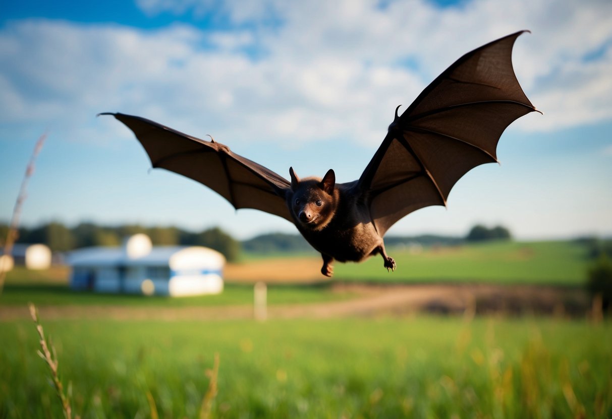 A bat flying over a rural landscape, with a vaccination clinic in the background