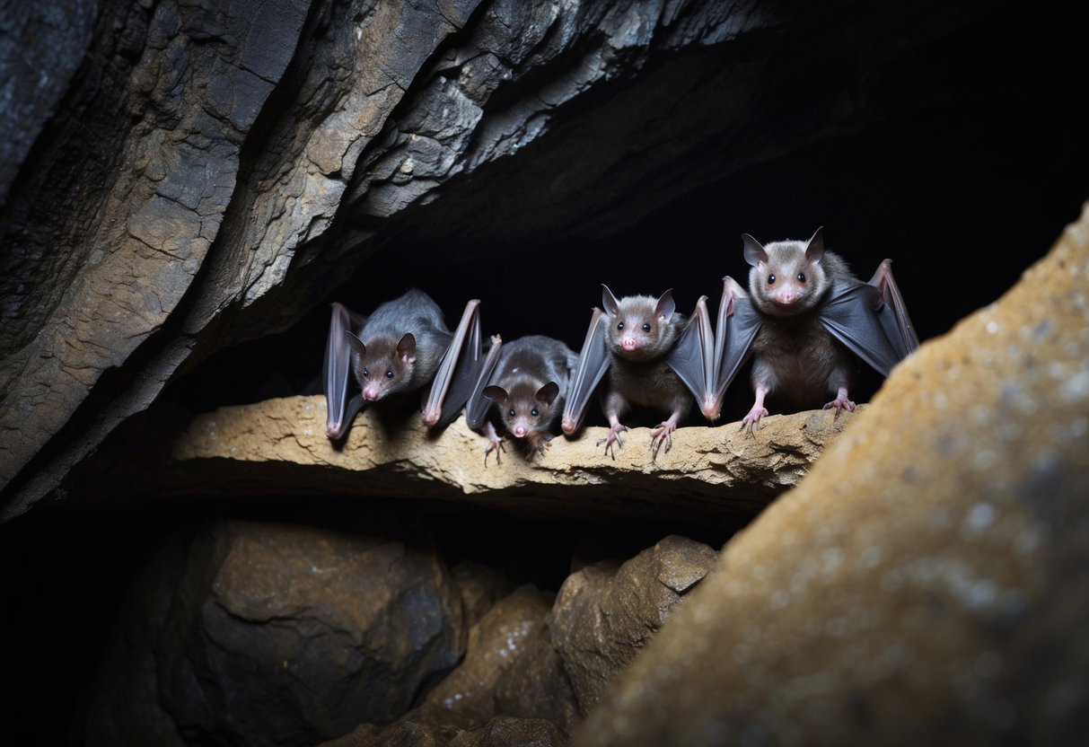 A group of bats roosting in a dark, secluded cave, nestled among the crevices and ledges of the rocky walls
