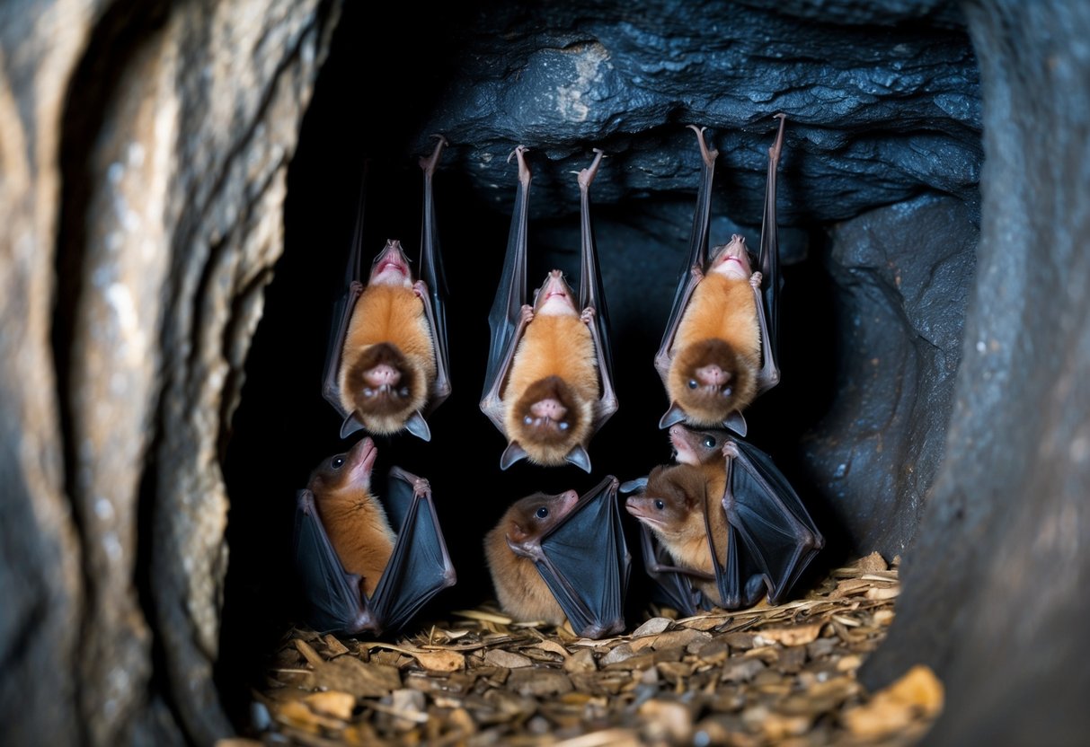 A group of bats nesting in a dark, secluded cave, some hanging upside down while others are huddled together in a corner