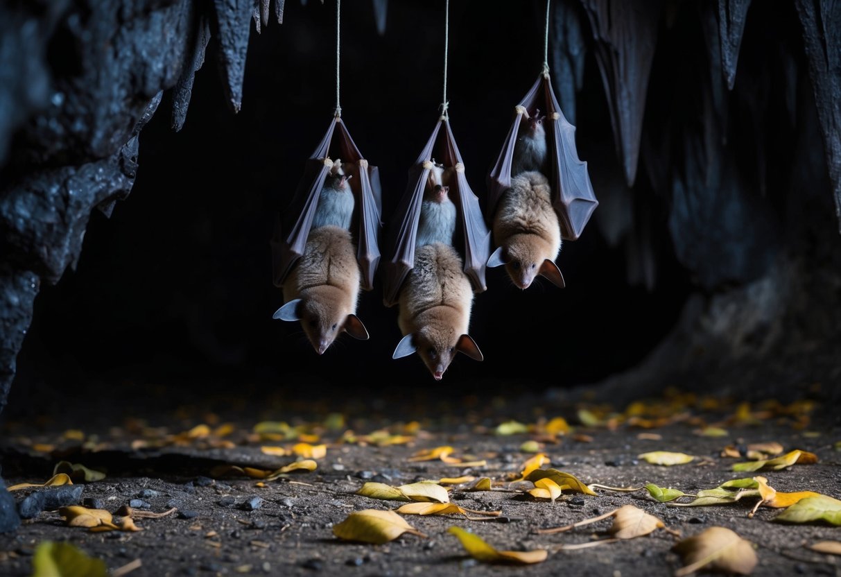A group of bats roosting in a dark, secluded cave with hanging stalactites and a few scattered leaves on the ground