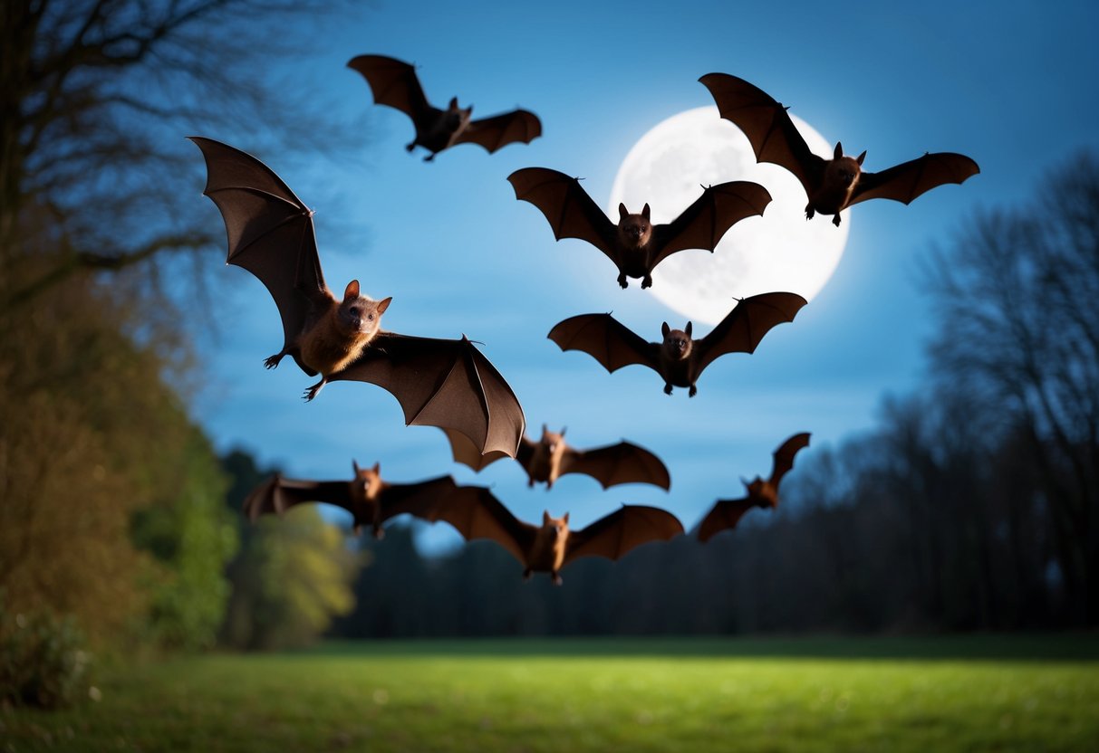 A group of bats flying over a moonlit forest in the UK