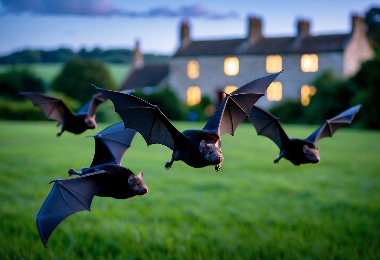 A group of UK bats flying at dusk over a lush, green countryside with old stone buildings in the background
