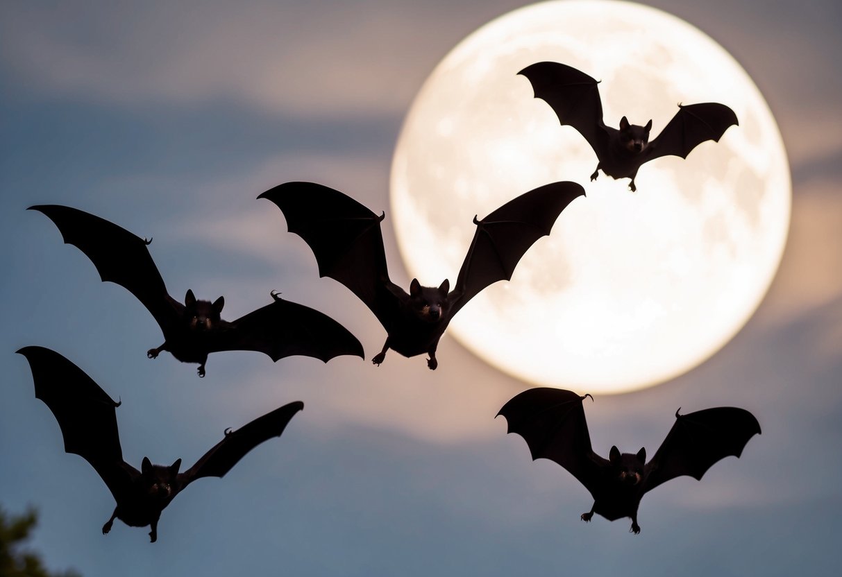 A group of bats flying through a moonlit sky