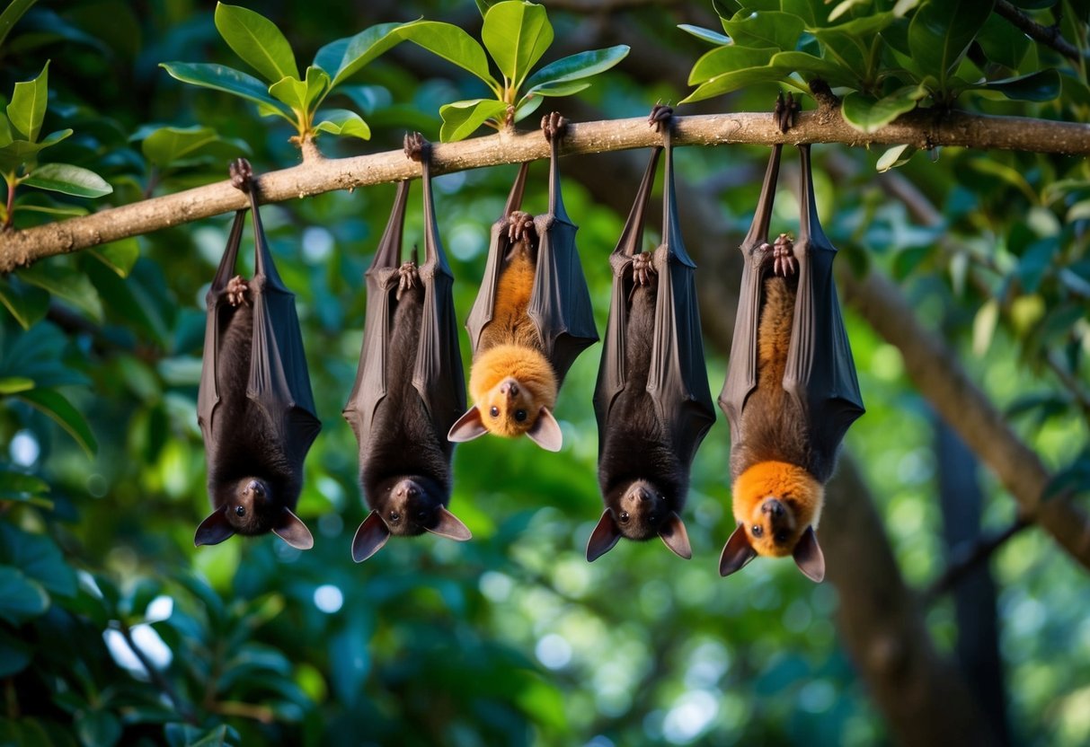 A variety of bat species in their natural habitat, hanging upside down from the branches of a dense, leafy forest