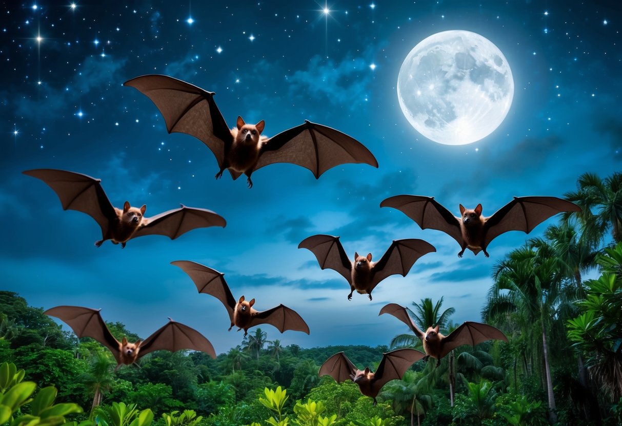A group of bats flying through a lush, moonlit forest, with stars twinkling in the sky