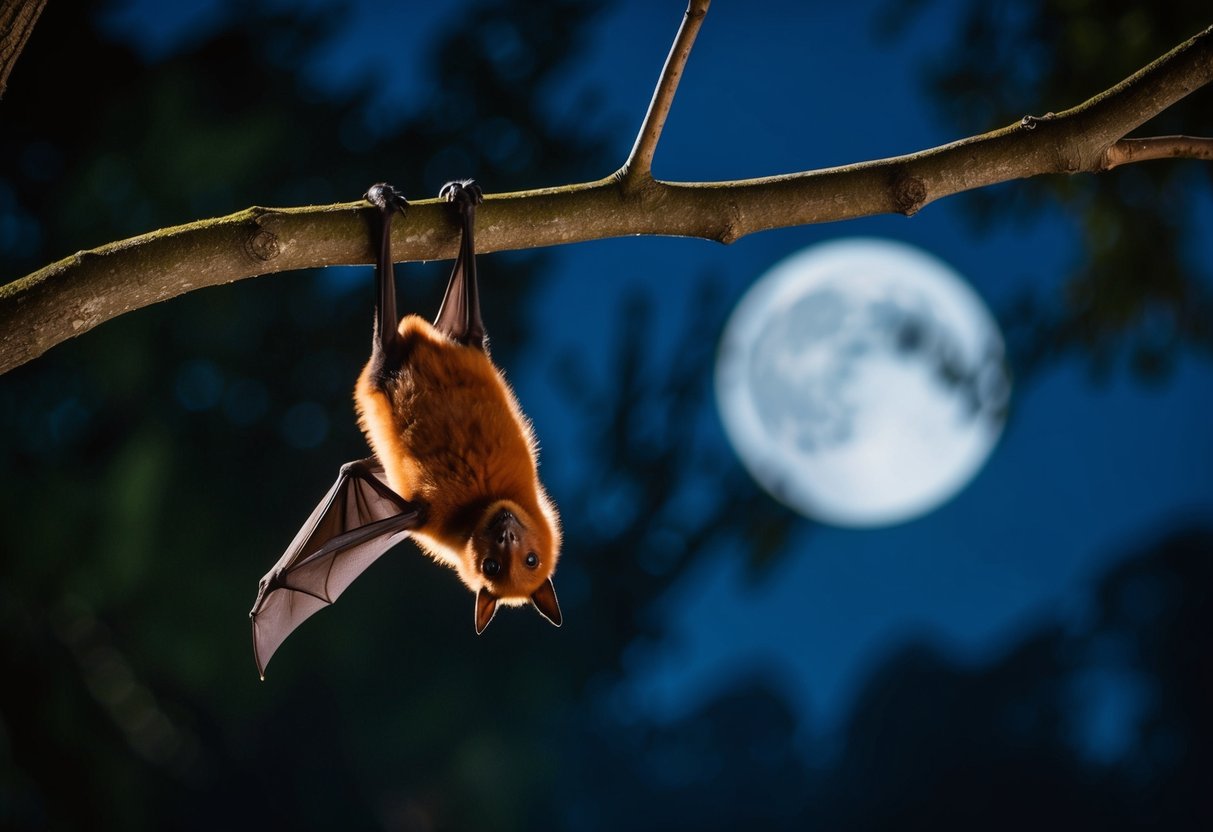 A bat, also known as a flying fox, hangs upside down from a tree branch in a dark, moonlit forest