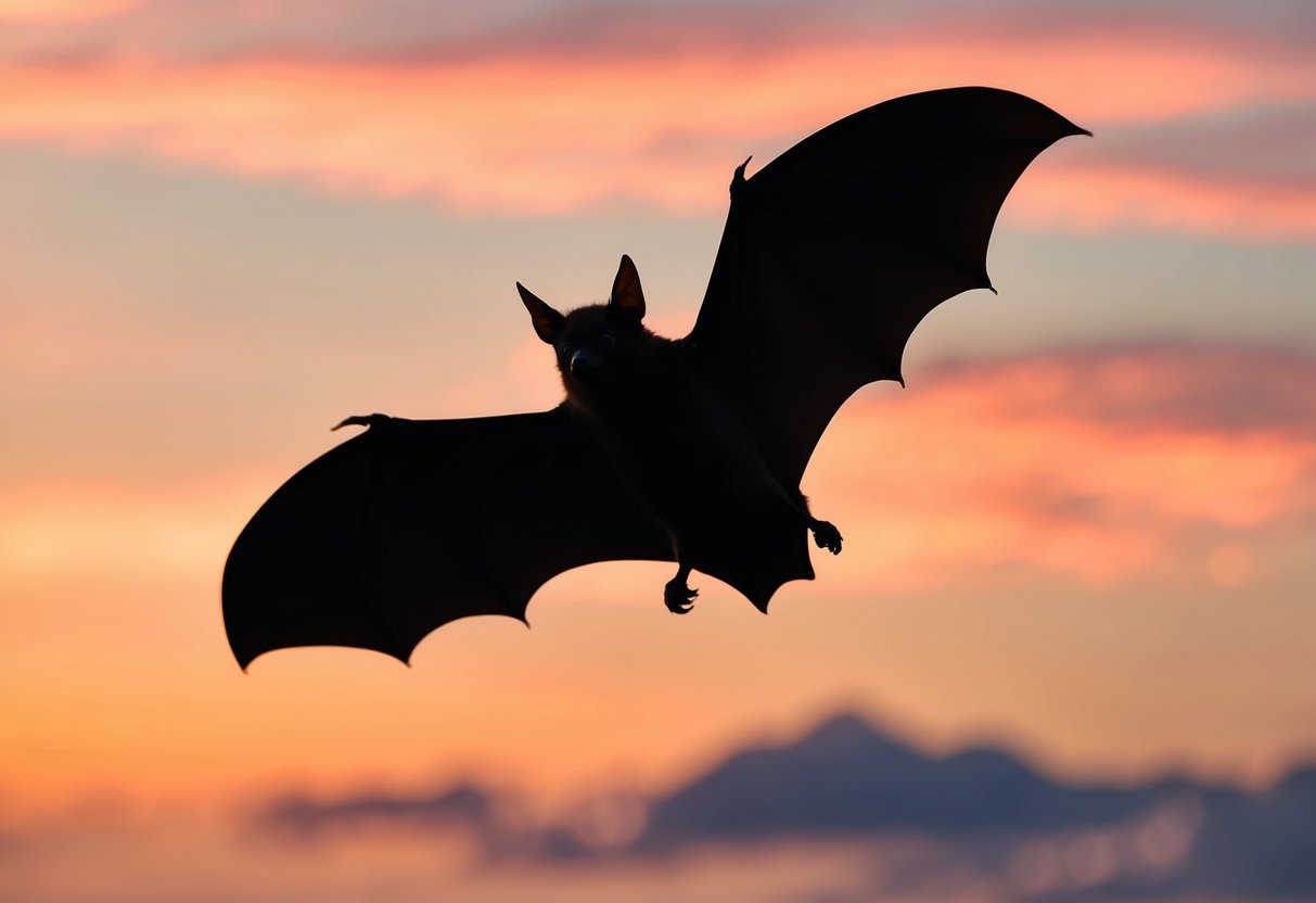 A bat flying at dusk, silhouetted against the orange and pink sky, with its wings outstretched and ears pointed forward