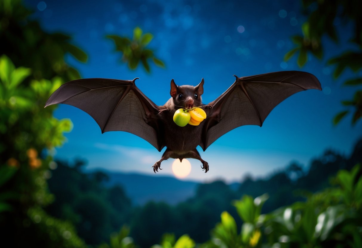 A bat flying over a lush forest at night, with insects and fruits in its mouth