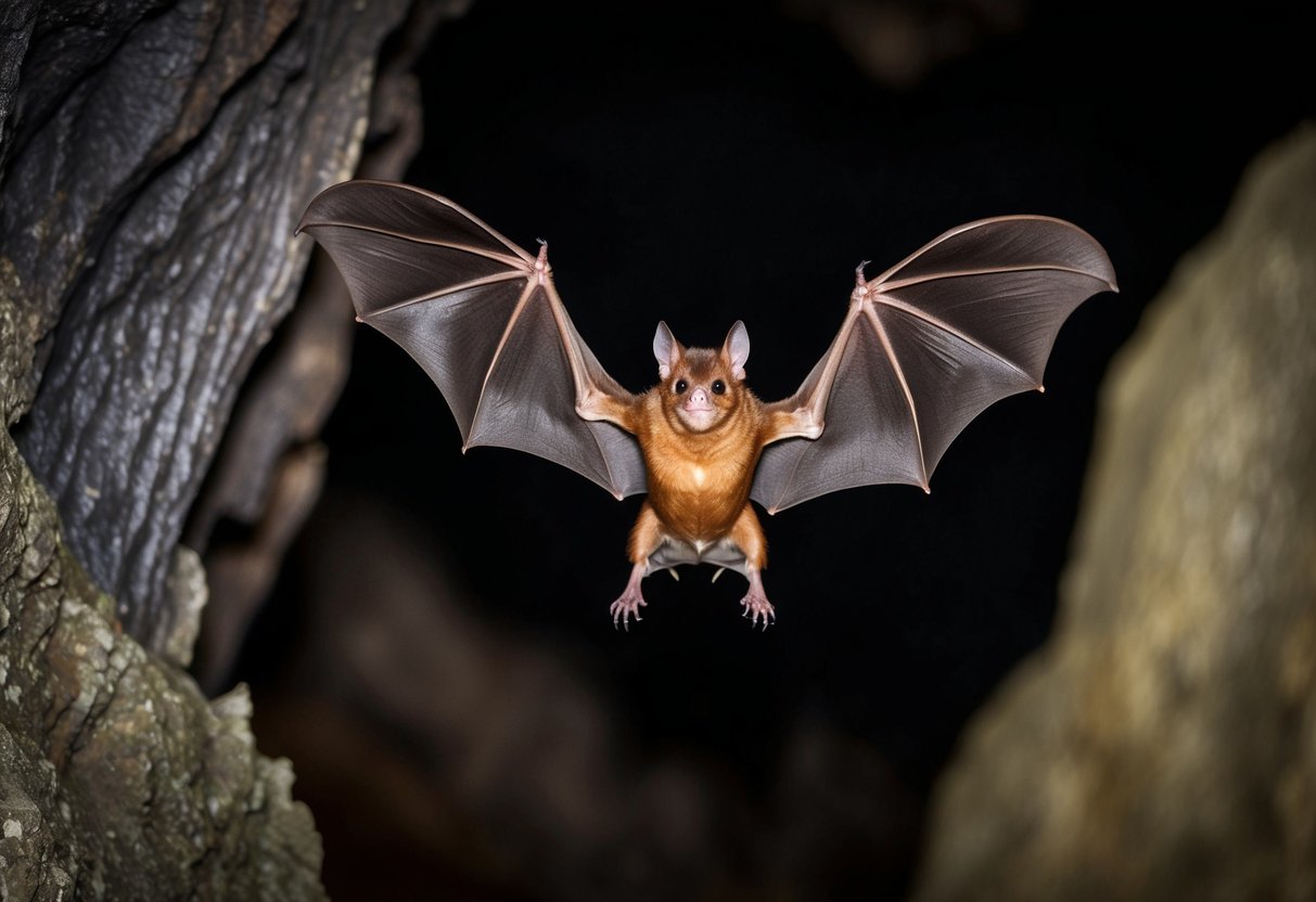 A bat flying through a dark cave, with its wings outstretched and sharp claws visible