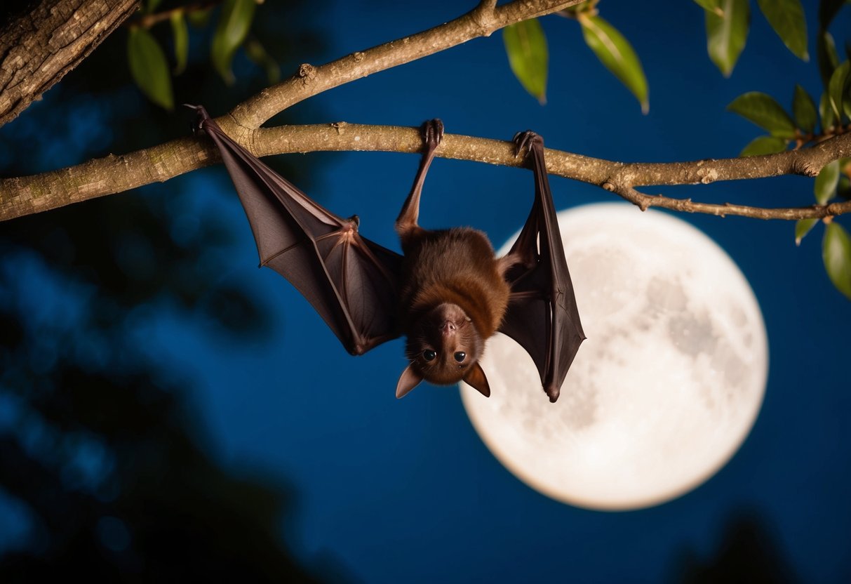 A bat hanging upside down from a tree branch, surrounded by darkness and moonlight