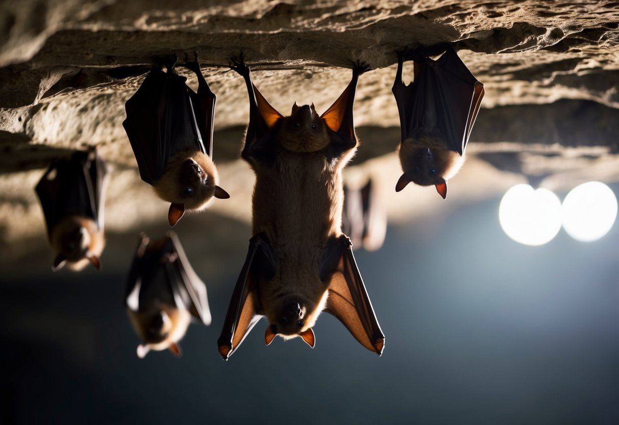 A bat suspended upside down in a dimly lit cave, surrounded by other bats of the same species