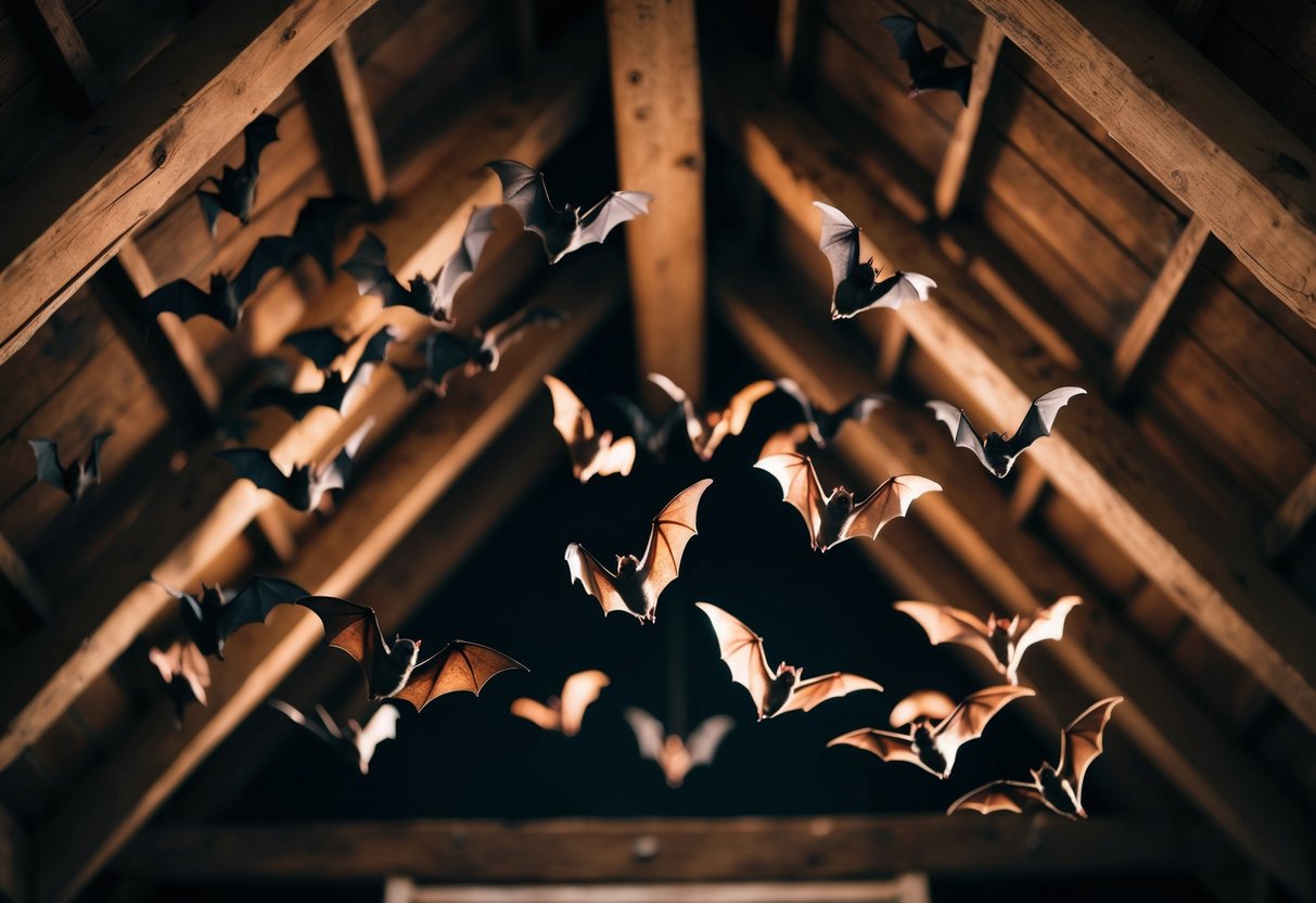 Bats swarm around an old, dark attic, hanging from rafters and fluttering in the dim light