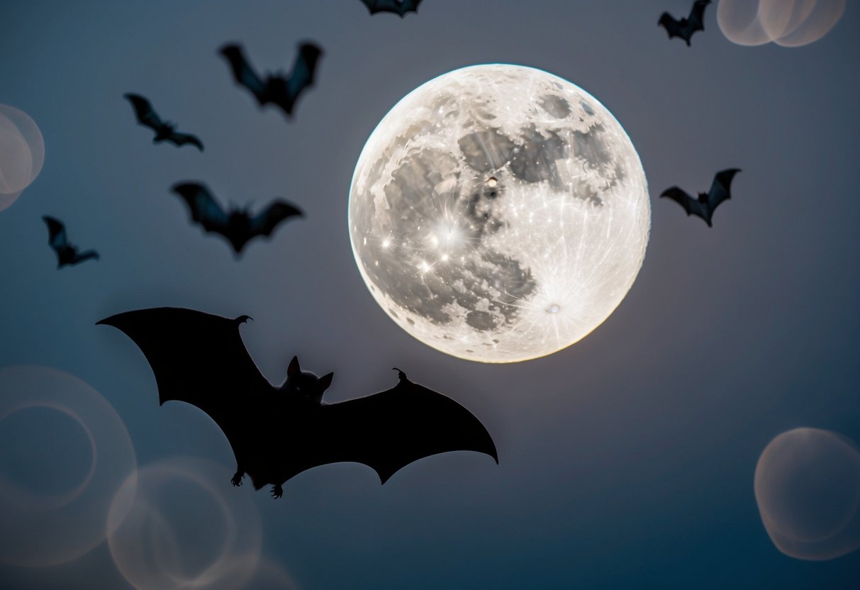 A bat silhouetted against a full moon, surrounded by swirling mist
