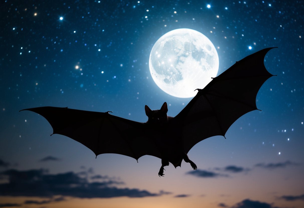 A bat flying gracefully across a starry night sky, silhouetted against the bright full moon