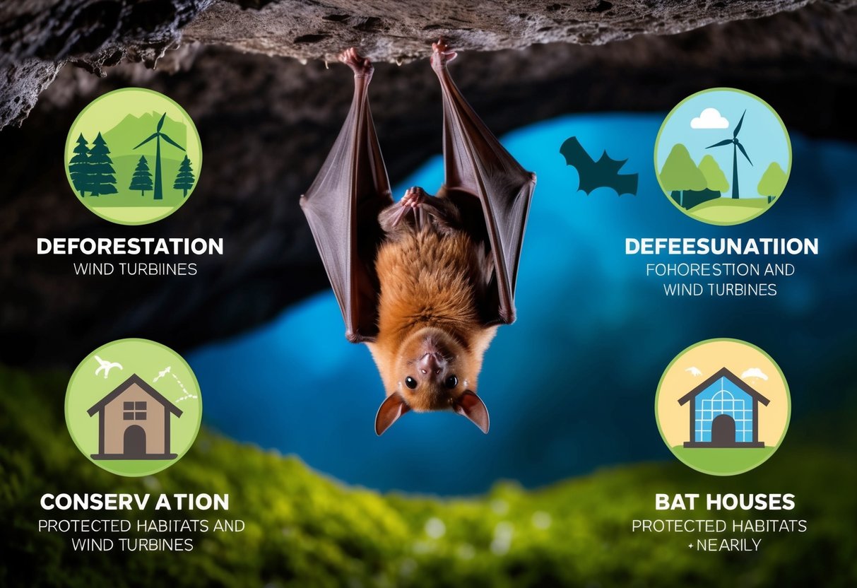 A bat hanging upside down in a cave, surrounded by threats like deforestation and wind turbines, while conservation efforts like protected habitats and bat houses are shown nearby