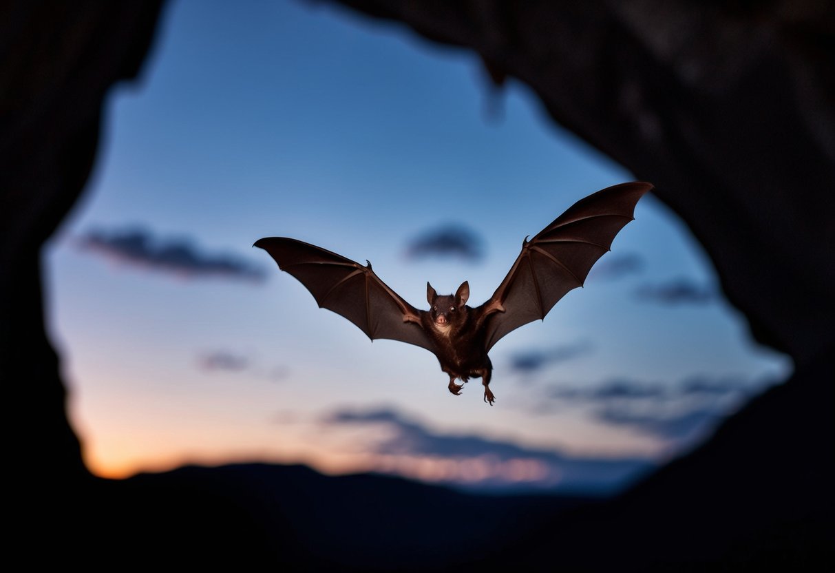 A bat in flight, with wings outstretched, flying towards a cave entrance at dusk
