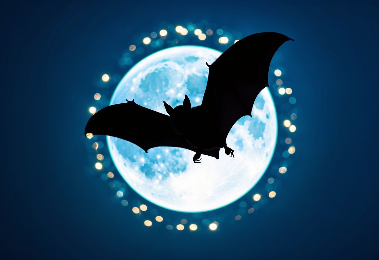 A bat silhouetted against the moon, flying gracefully through the night sky, surrounded by a halo of twinkling stars