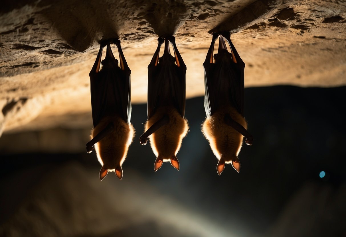 A group of bats hanging upside down in a dimly lit cave