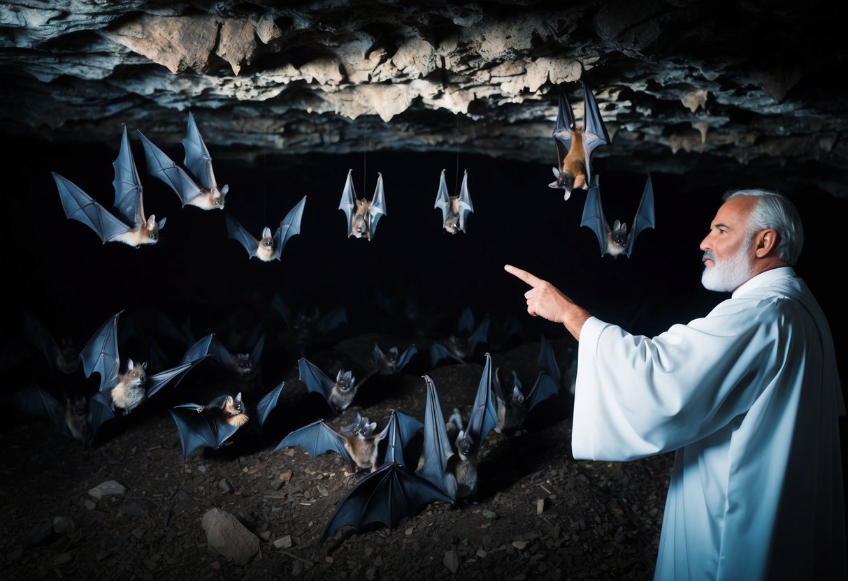 God points to a cave filled with bats, blessing them with the ability to navigate in darkness and serve a purpose in the ecosystem