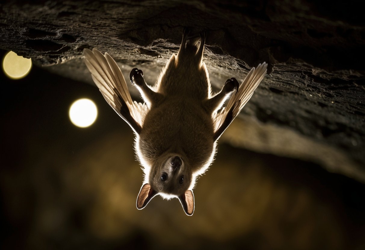 A small, winged mammal perched upside down in a dimly lit cave