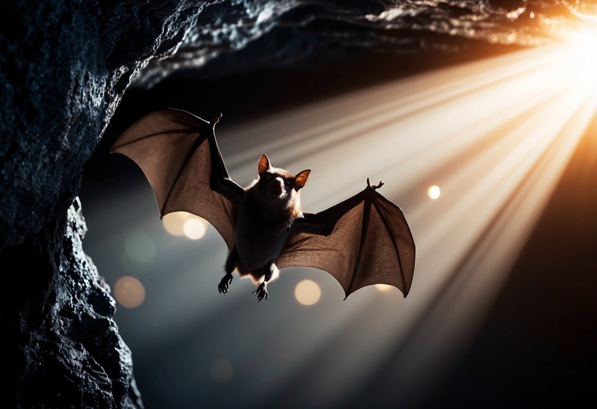 A bat flying out of a dark cave into a beam of light