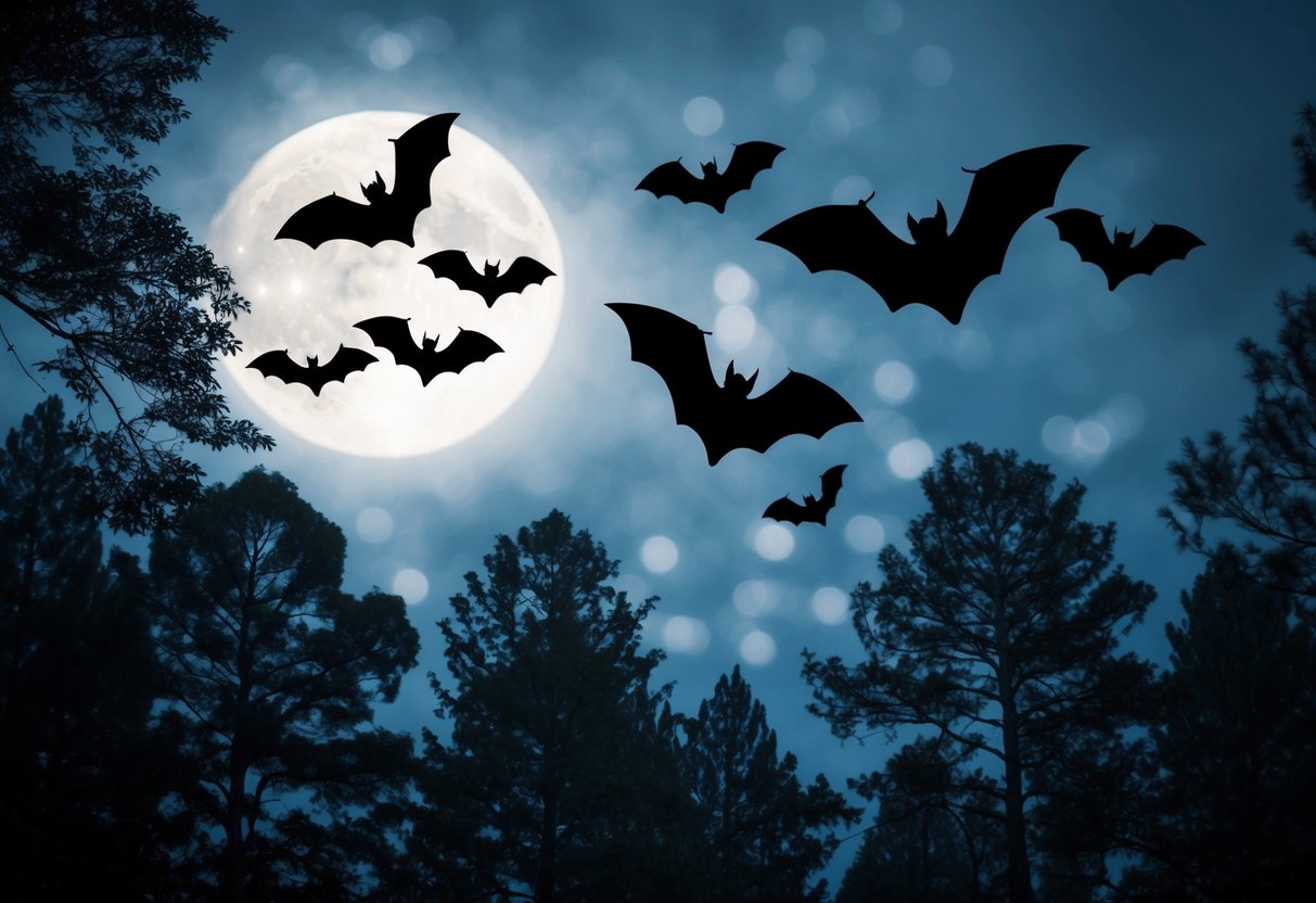 A group of bats flying through a moonlit forest, their silhouettes casting eerie shadows on the trees