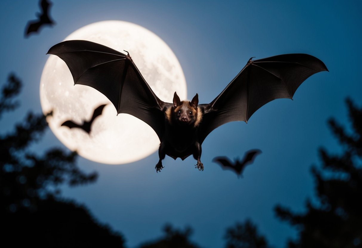 A bat flying in a moonlit sky, surrounded by silhouettes of trees and other nocturnal creatures